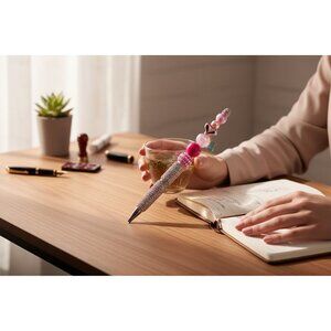 Beaded Rhinestone Pen With Pink & Gold Charms For Writing & Gifting